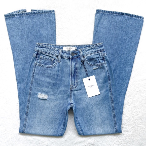 HIDDEN Happi High Rise Flare Split Wide Leg Distressed 100% Cotton Jeans - Picture 3 of 12